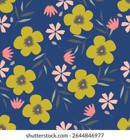 Colorful garden with flowers and leaves, Botanical seamless pattern, Vector background for for textile, fabric, wrapping paper, linens, wallpaper etc