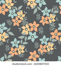 Colorful garden with flowers and leaves, Botanical seamless pattern, Vector background for for textile, fabric, wrapping paper, linens, wallpaper etc