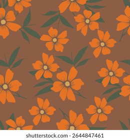 Colorful garden with flowers and leaves, Botanical seamless pattern, Vector background for for textile, fabric, wrapping paper, linens, wallpaper etc
