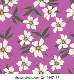 Colorful garden with flowers and leaves, Botanical seamless pattern, Vector background for for textile, fabric, wrapping paper, linens, wallpaper etc