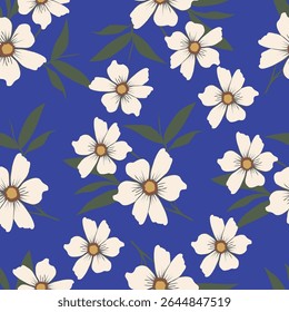 Colorful garden with flowers and leaves, Botanical seamless pattern, Vector background for for textile, fabric, wrapping paper, linens, wallpaper etc