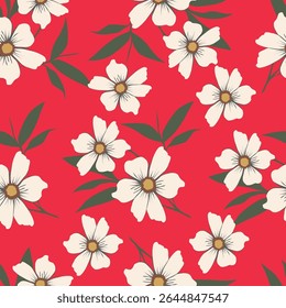Colorful garden with flowers and leaves, Botanical seamless pattern, Vector background for for textile, fabric, wrapping paper, linens, wallpaper etc