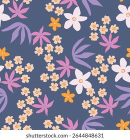 Colorful garden with flowers and leaves, Botanical seamless pattern, Vector background for for textile, fabric, wrapping paper, linens, wallpaper etc