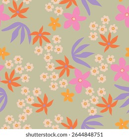 Colorful garden with flowers and leaves, Botanical seamless pattern, Vector background for for textile, fabric, wrapping paper, linens, wallpaper etc