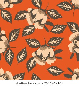 Colorful garden with flowers and leaves, Botanical seamless pattern, Vector background for for textile, fabric, wrapping paper, linens, wallpaper etc