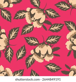 Colorful garden with flowers and leaves, Botanical seamless pattern, Vector background for for textile, fabric, wrapping paper, linens, wallpaper etc