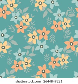 Colorful garden with flowers and leaves, Botanical seamless pattern, Vector background for for textile, fabric, wrapping paper, linens, wallpaper etc