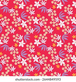 Colorful garden with flowers and leaves, Botanical seamless pattern, Vector background for for textile, fabric, wrapping paper, linens, wallpaper etc
