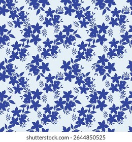 Colorful garden with flowers and leaves, Botanical seamless pattern, Vector background for for textile, fabric, wrapping paper, linens, wallpaper etc