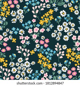 Colorful garden flowers on black background. Seamless vector pattern. Vintage print with  inflorescences. Retro textile collection.