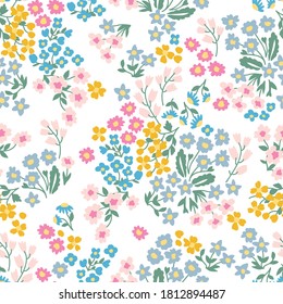 Colorful garden flowers on white background. Seamless vector pattern. Vintage print with  inflorescences. Retro textile collection.