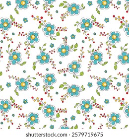 Colorful garden flowers on white background. Seamless vector pattern. Vintage print with inflorescences. Retro textile collection.