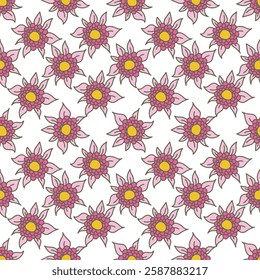 Colorful garden flowers on white background. Seamless vector pattern. Vintage print with inflorescences.