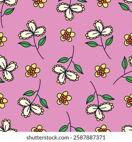 Colorful garden flowers on white background. Seamless vector pattern. Vintage print with inflorescences.