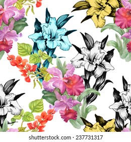 Colorful garden flowers Seamless pattern on white background vector illustration