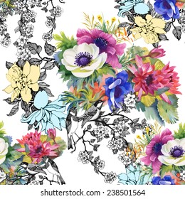 Colorful garden flowers Seamless pattern on white background vector illustration