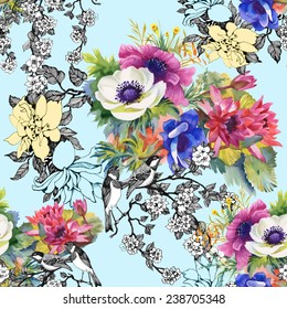 Colorful garden flowers Seamless pattern on blue background vector illustration
