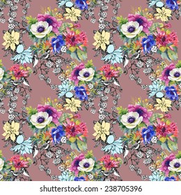 Colorful garden flowers Seamless pattern on brown background vector illustration