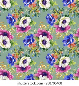 Colorful garden flowers Seamless pattern on green background vector illustration