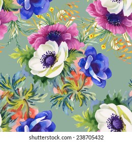 Colorful garden flowers Seamless pattern on green background vector illustration