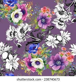 Colorful garden flowers seamless pattern on violet background vector illustration