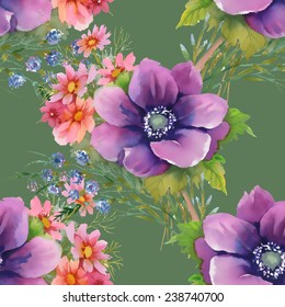 Colorful garden flowers Seamless pattern on green background vector illustration