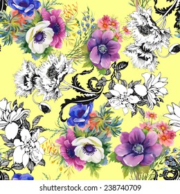 Colorful garden flowers seamless pattern on yellow background vector illustration