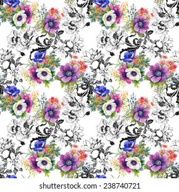 Colorful garden flowers seamless pattern on white background vector illustration
