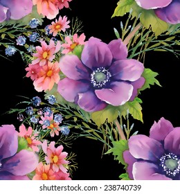 Colorful garden flowers Seamless pattern on black background vector illustration