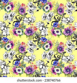 Colorful garden flowers seamless pattern on yellow background vector illustration