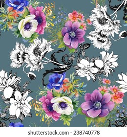 Colorful garden flowers seamless pattern on green background vector illustration