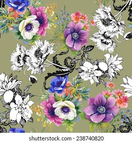 Colorful garden flowers seamless pattern on green background vector illustration