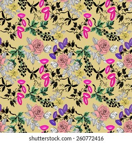 Colorful garden flowers Seamless pattern on beige  background vector illustration