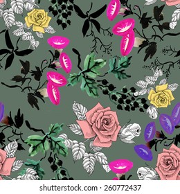 Colorful garden flowers Seamless pattern on green background vector illustration