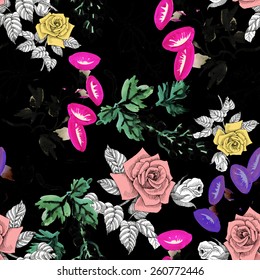 Colorful garden flowers Seamless pattern on black background vector illustration