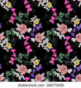 Colorful garden flowers Seamless pattern on black background vector illustration