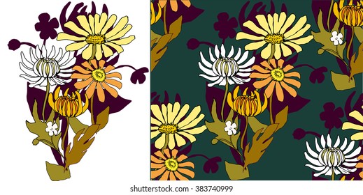 Colorful garden flowers Seamless pattern on white background