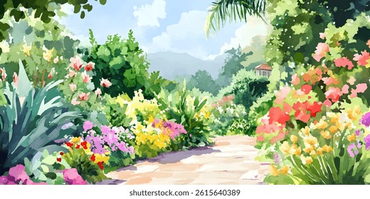 Colorful garden path lined with vibrant flowers and lush foliage.