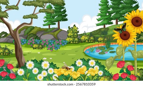 Colorful garden scene with flowers and trees