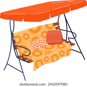 Colorful garden swing with orange patterned cushions. Patio furniture and backyard relaxation. Summer outdoor leisure time vector illustration.