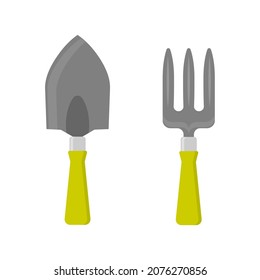 Colorful garden trowel and garden fork. Gardening tools in flat style. Isolated vector illustration 