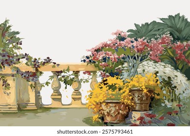 Colorful garden with vibrant flowers, lush greenery, and decorative pots. Flowers and greenery create a lively, vibrant garden scene with decorative elements. Vintage art drawing illustration vector.