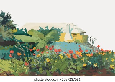 Colorful garden with vibrant flowers and lush greenery. Bright flowers bloom in the garden, surrounded by greenery. A peaceful garden scene with flowers. Vintage art illustration, vector.