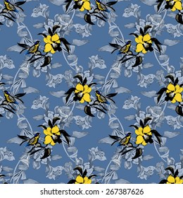 Colorful garden watercolor flowers with birds seamless pattern on blue background vector illustration