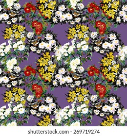 Colorful garden watercolor flowers with birds seamless pattern on purple background vector illustration

