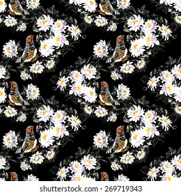 Colorful garden watercolor flowers with birds seamless pattern on black background vector illustration