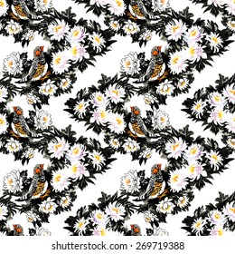 Colorful garden watercolor flowers with birds seamless pattern on white background vector illustration