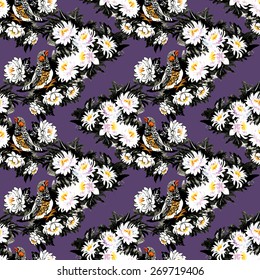 Colorful garden watercolor flowers with birds seamless pattern on purple background vector illustration