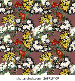Colorful garden watercolor flowers with birds seamless pattern on brown background vector illustration
