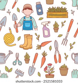 Colorido Gardener herramientas doodle sin fisuras patrón de Fondo de pantalla de fondo